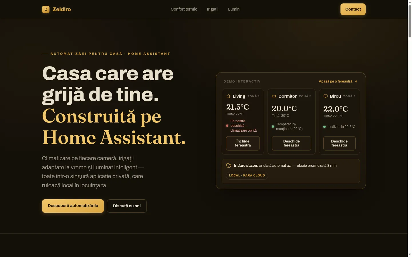 Pagina principală a site-ului Zeldiro, văzută pe calculator